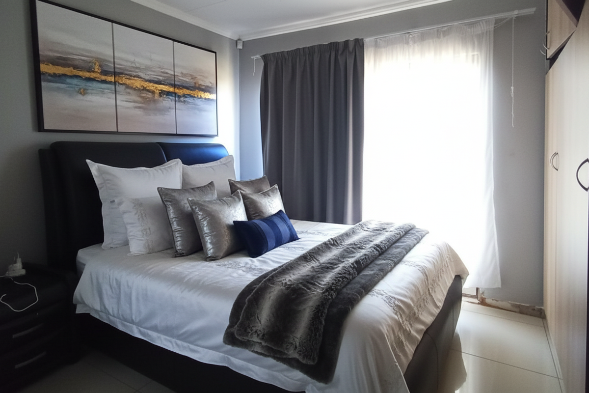 A well-lit bedroom featuring tiled flooring, built-in cupboards, and large windows with curtain tracks, providing a comfortable and functional living space.