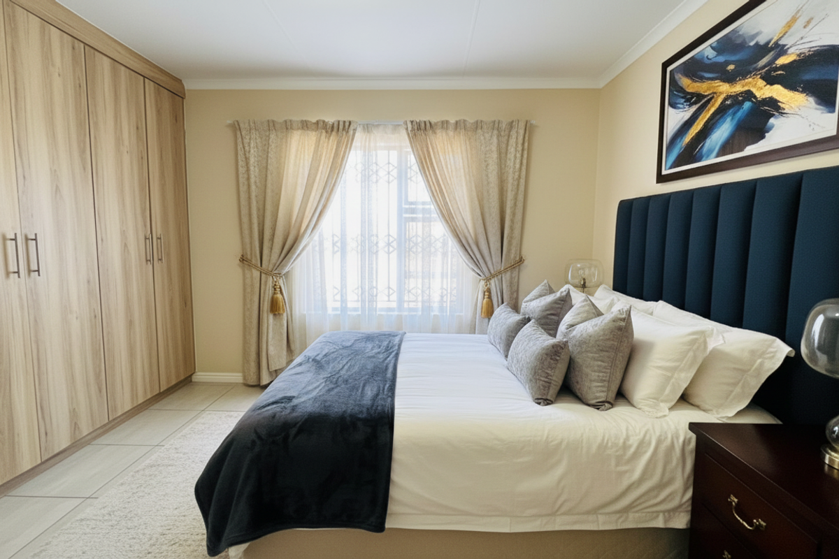A well-maintained bedroom featuring light wood-grain built-in cupboards, tiled flooring, and a window fitted with security bars.