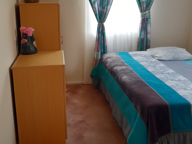 A bedroom featuring carpeted flooring and a window with a curtain rod.