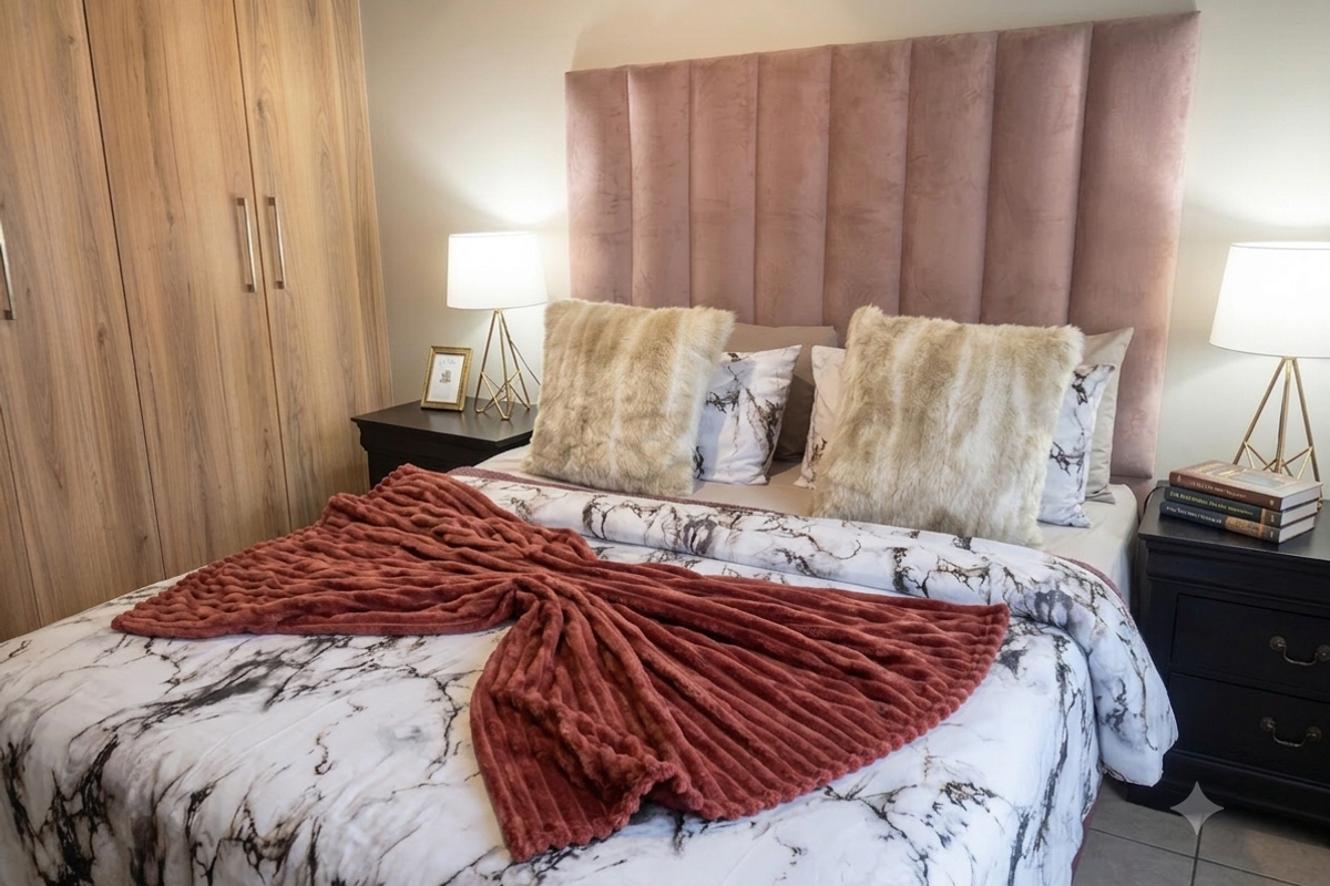 A well-maintained bedroom featuring built-in wooden wardrobes and a neutral color palette, providing a comfortable and functional living space.