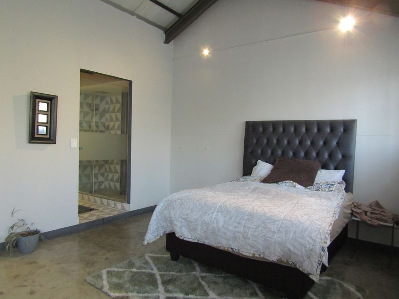 Spacious bedroom featuring polished concrete floors, exposed rafters, and direct access to an en-suite bathroom with patterned tiling.