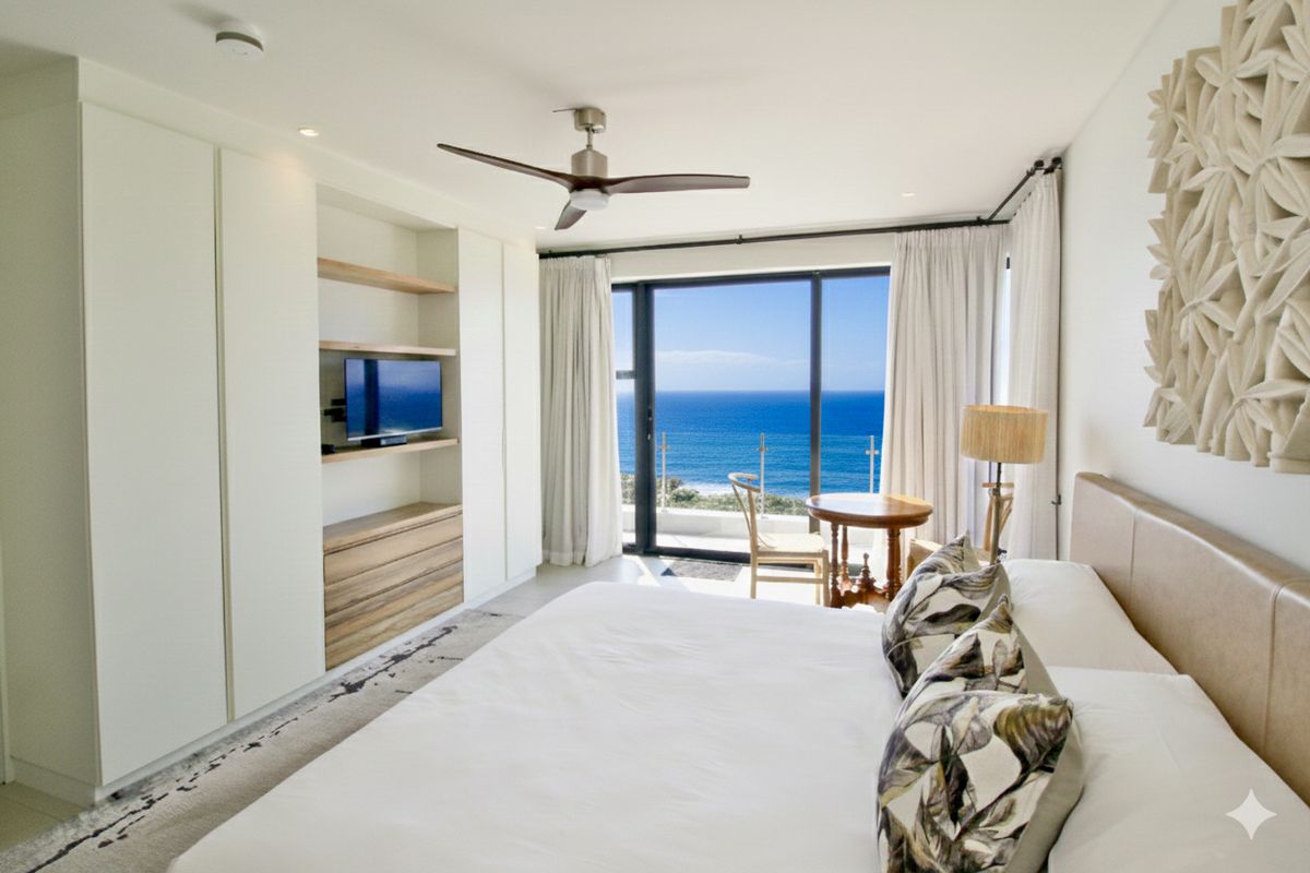 A bright, modern bedroom featuring built-in cabinetry, a ceiling fan, and large sliding glass doors opening to a balcony with expansive ocean views.