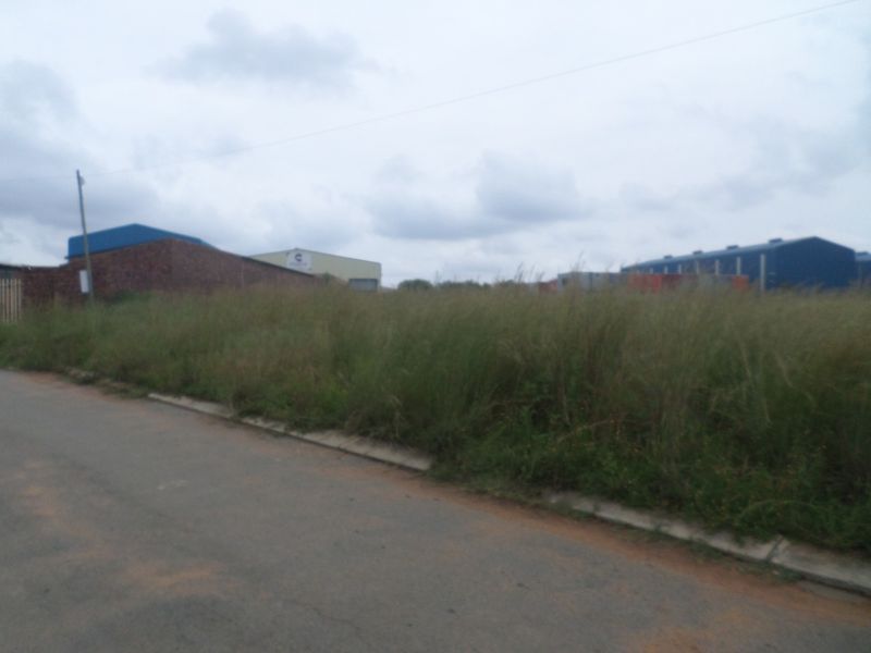Street view of an industrial plot featuring an asphalt road, concrete curbing, and overgrown vegetation with surrounding industrial warehouse structures in the background.