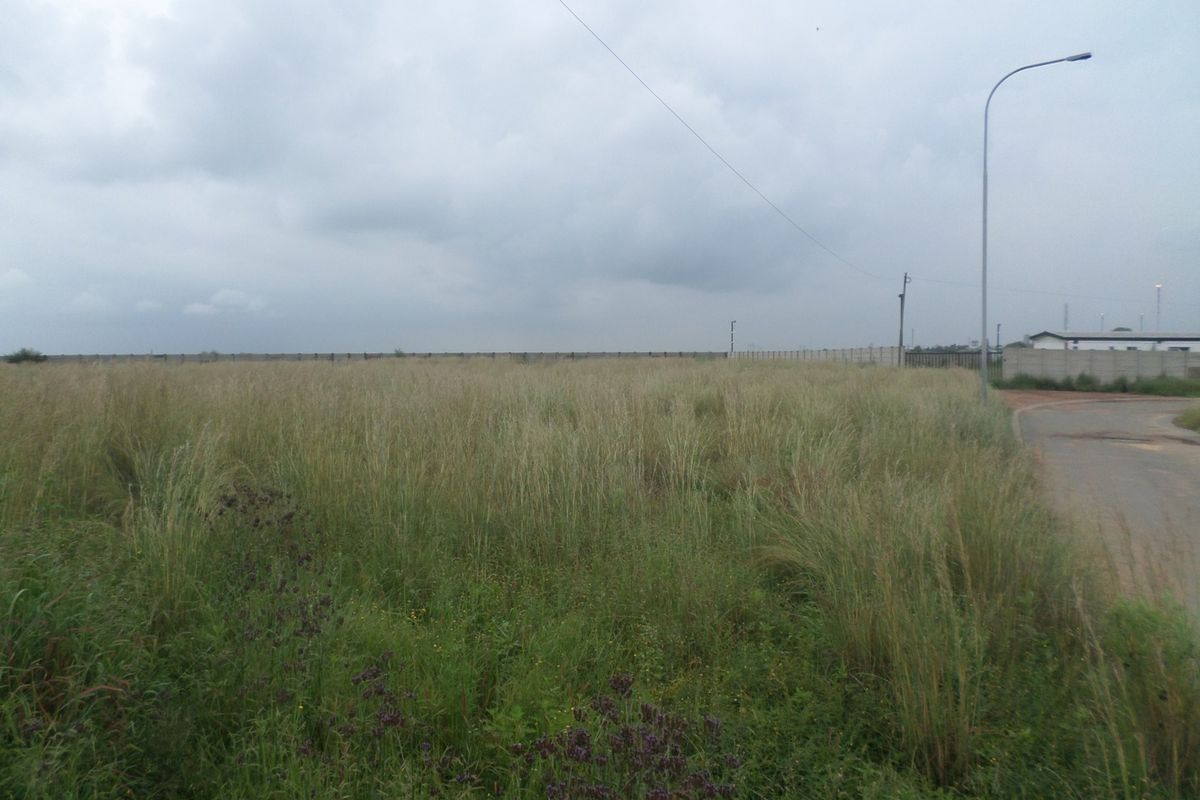 A vacant industrial plot featuring overgrown grass, perimeter fencing, and access to a paved road with street lighting.