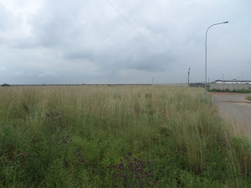 A vacant industrial plot featuring overgrown grass, perimeter fencing, and access to a paved road with street lighting.