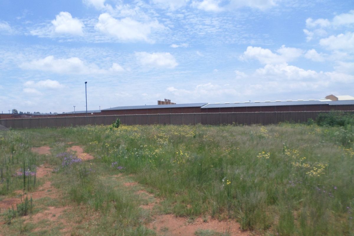 A view of the vacant commercial land featuring natural vegetation and perimeter security fencing.