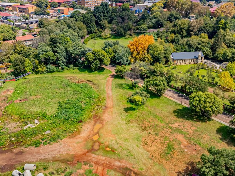 Aerial view of a large, undeveloped commercial land parcel featuring mature trees, open green space, and an existing dirt access path.