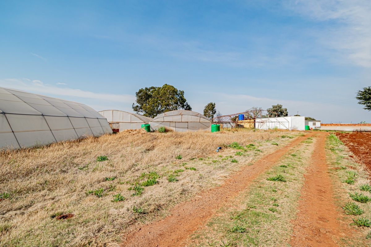 View of the small holding grounds featuring multiple greenhouse tunnels, water storage tanks, and a dirt access road through the property.