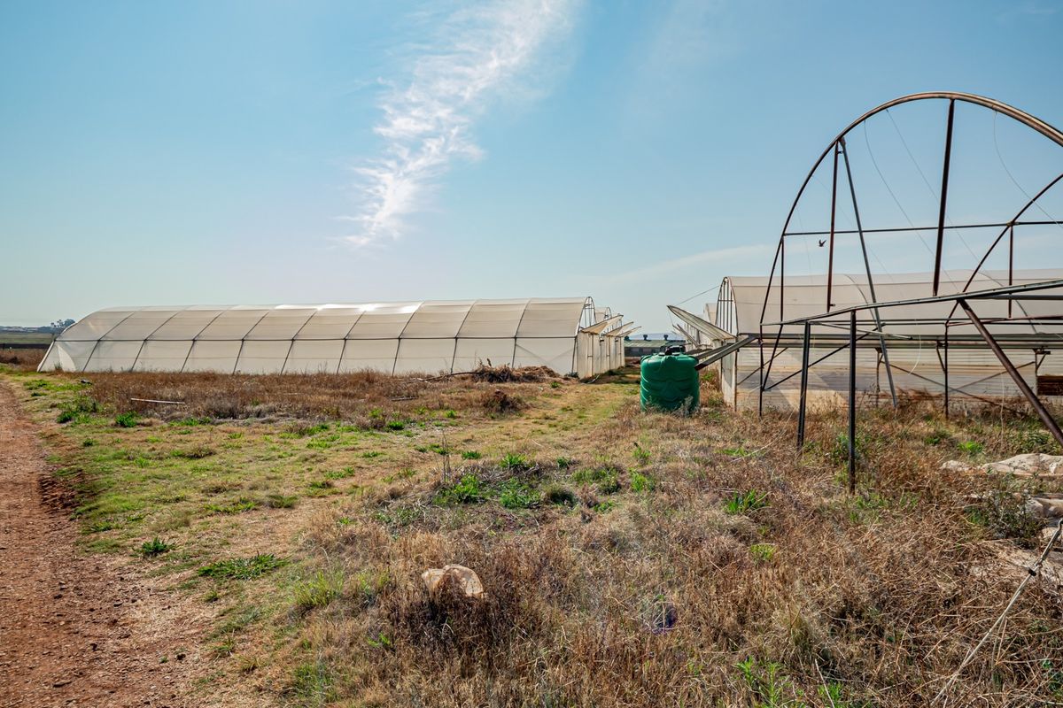 Agricultural small holding area featuring multiple greenhouse structures, a water storage tank, and an unpaved access track on the property.