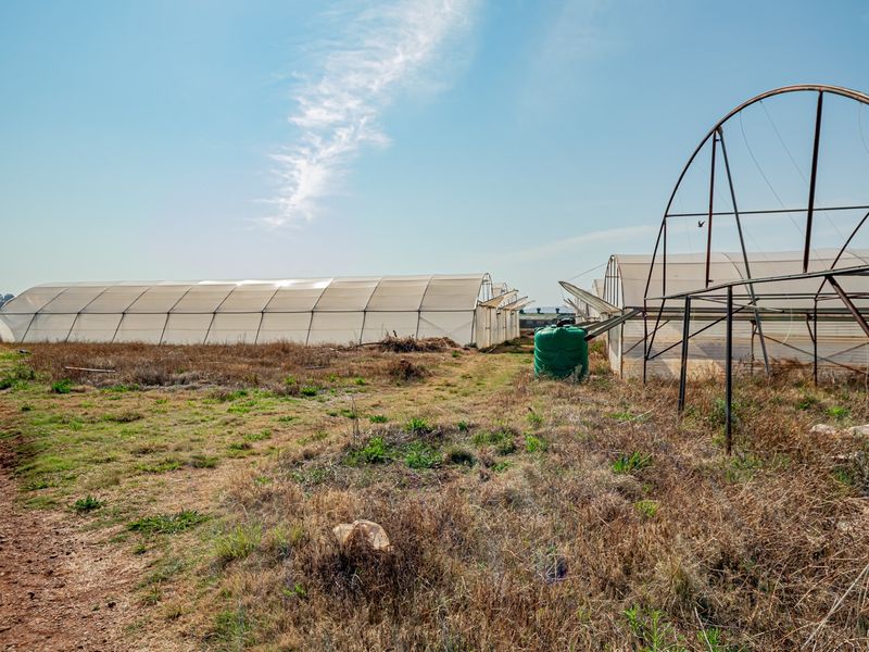 Agricultural small holding area featuring multiple greenhouse structures, a water storage tank, and an unpaved access track on the property.
