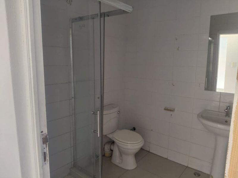 A functional bathroom featuring a shower enclosure, pedestal basin, and toilet, requiring cosmetic updates to the wall finishes.
