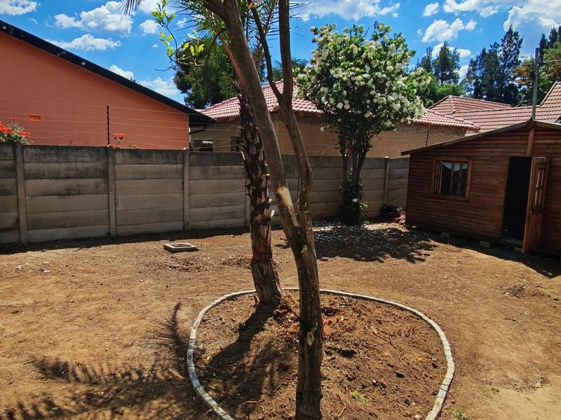 Rear garden area featuring a wooden shed, precast concrete boundary wall with electric fencing, and a central tree with a paved surround.
