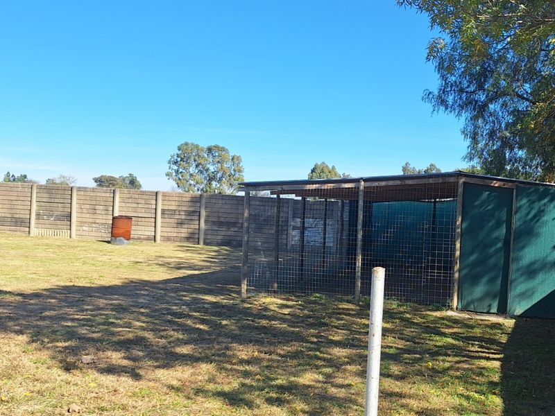 Spacious outdoor area featuring a precast concrete boundary wall and a large wire mesh enclosure with shade cloth covering, suitable for animal housing.