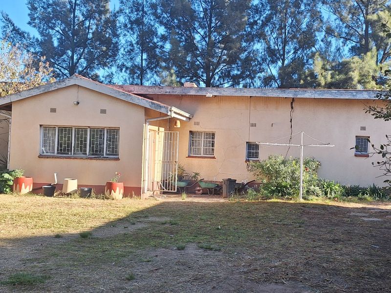 Rear view of a single-story dwelling featuring plastered walls, security bars on windows, and a tiled roof, set within a large garden area.
