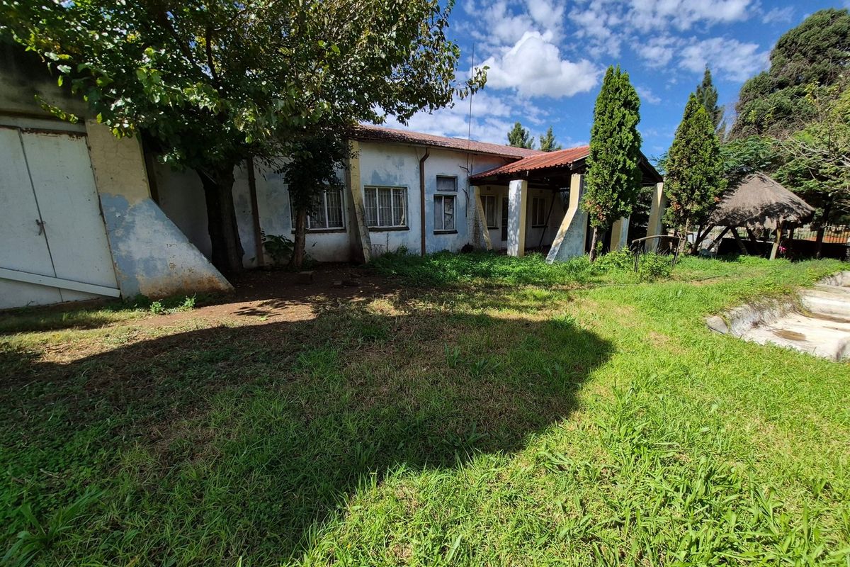 Rear view of the property showing a single-story structure with a covered patio, metal window frames, and significant exterior maintenance required.