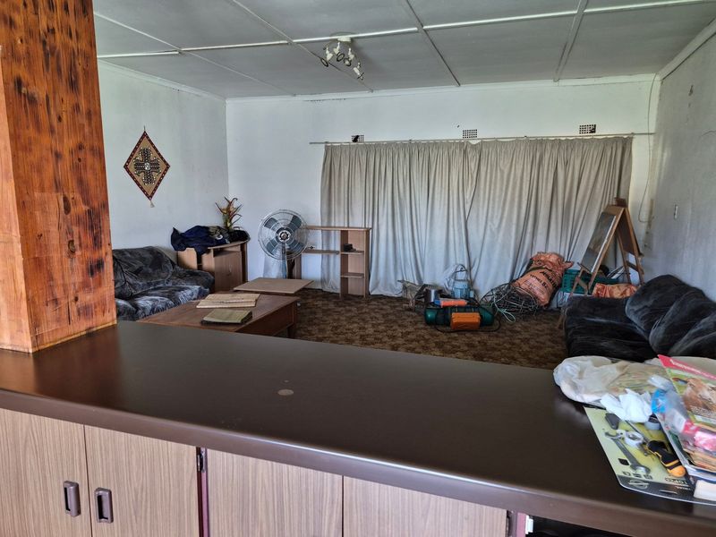 Open plan living area featuring a kitchen counter, drop ceiling, and carpeted flooring, offering a spacious layout ready for modernization.