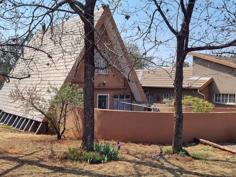 Rear view of a unique A-frame architectural structure with a surrounding boundary wall and mature trees on the property grounds.