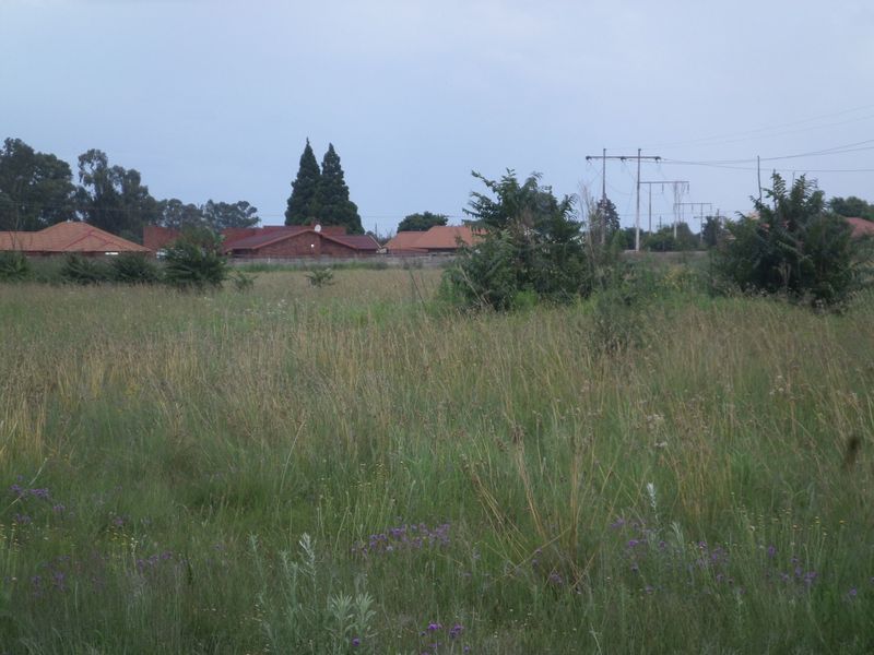 A view of a vacant residential plot featuring natural grassland with surrounding neighborhood houses and overhead power lines in the distance.
