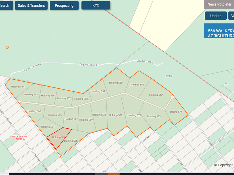 A digital cadastral map showing the layout and boundaries of agricultural holdings in the Walker Fruit Farms area.