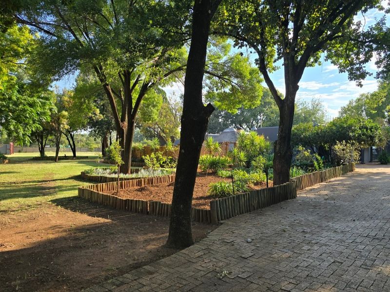 A well-maintained garden area featuring mature trees, landscaped beds with timber log edging, and a paved driveway on a small holding property.