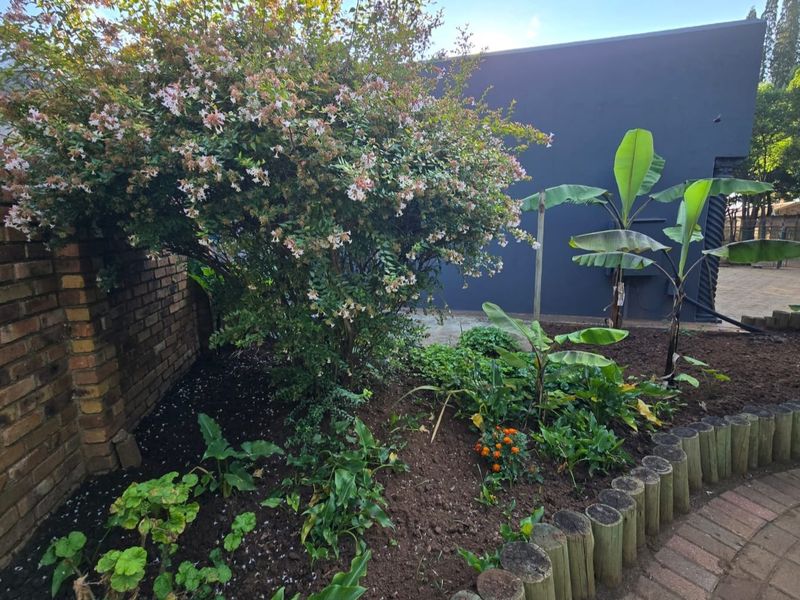 A well-maintained garden area featuring a brick boundary wall, timber log edging, and established plantings, providing a pleasant outdoor space.