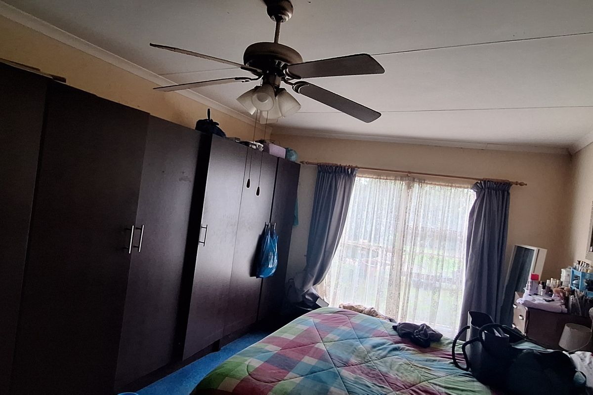 A bedroom featuring built-in cupboards, a ceiling fan, and large windows with curtain rails, requiring some cosmetic attention to the ceiling and walls.