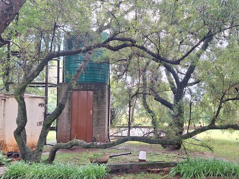 A garden area featuring a functional water storage tank and a small brick pump house structure surrounded by mature trees.