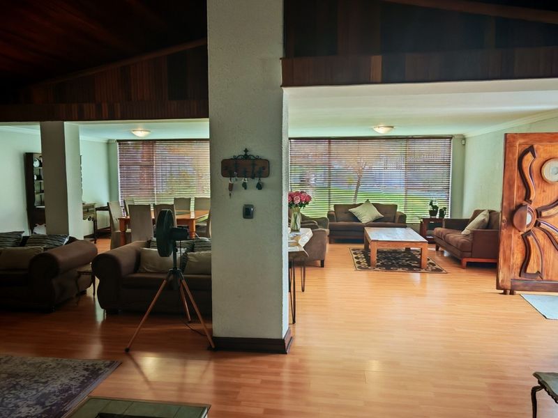 Spacious open-plan living and dining area featuring a vaulted timber-clad ceiling, laminate flooring, and a built-in fireplace with a distinctive solid timber entrance door.