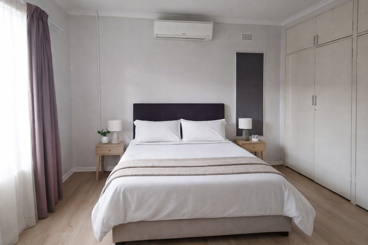 A well-maintained bedroom featuring light laminate flooring, built-in cupboards, and a wall-mounted split-system air conditioner.