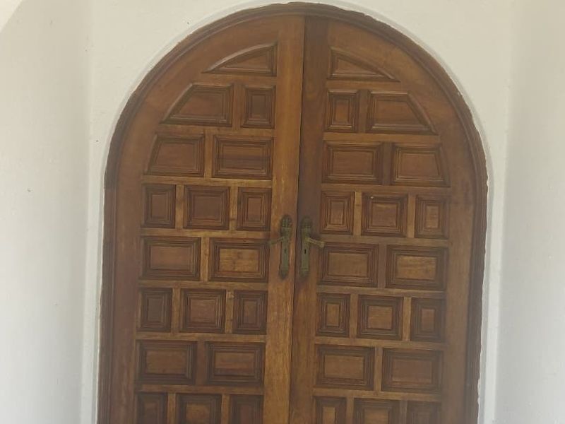 A classic arched wooden double door with decorative paneling and brass hardware, serving as a traditional entrance.