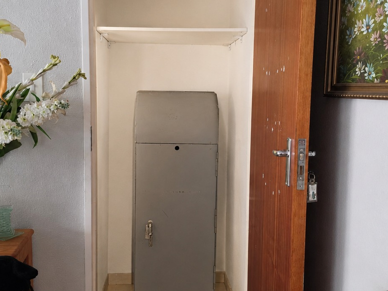 A utility closet featuring built-in shelving and a metal storage cabinet, accessed via a wooden door.