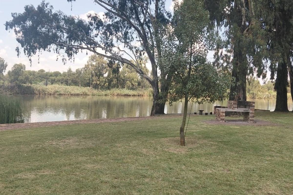 A scenic view of a tranquil lakefront property featuring a built-in brick braai area, expansive lawn, and mature trees.