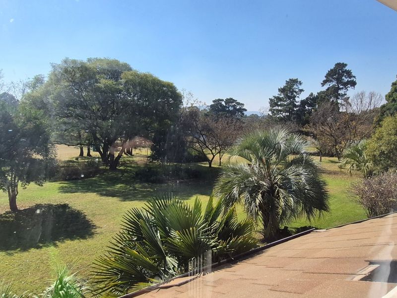 Elevated view from a window overlooking a spacious, well-maintained garden with mature trees and palms.