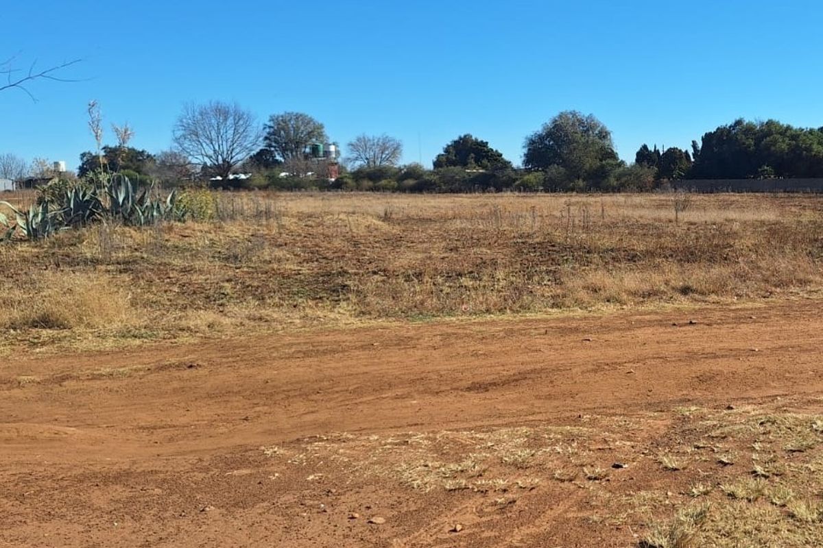 A wide-angle view of an undeveloped, open plot of land featuring natural vegetation and a dirt access path.