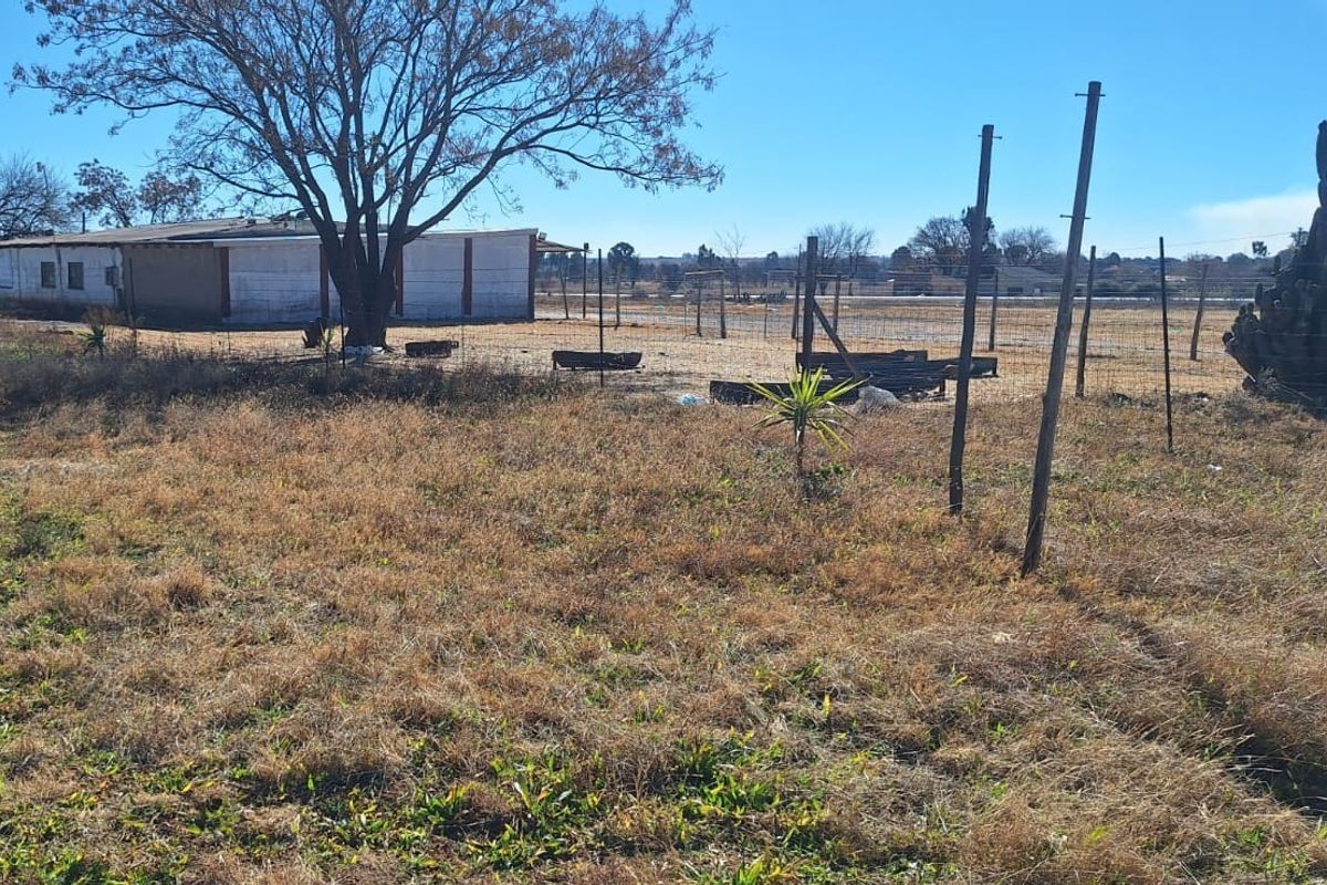 Expansive outdoor small holding area featuring wire fencing, mature trees, and a view of the main dwelling structure.