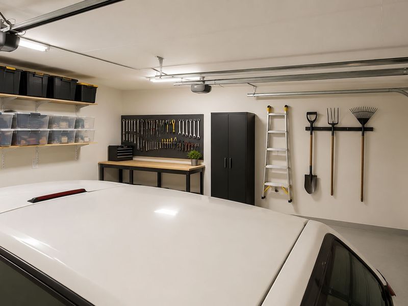 A well-organized, clean garage featuring epoxy flooring, a sectional door, built-in workbench, and ample wall-mounted storage solutions.