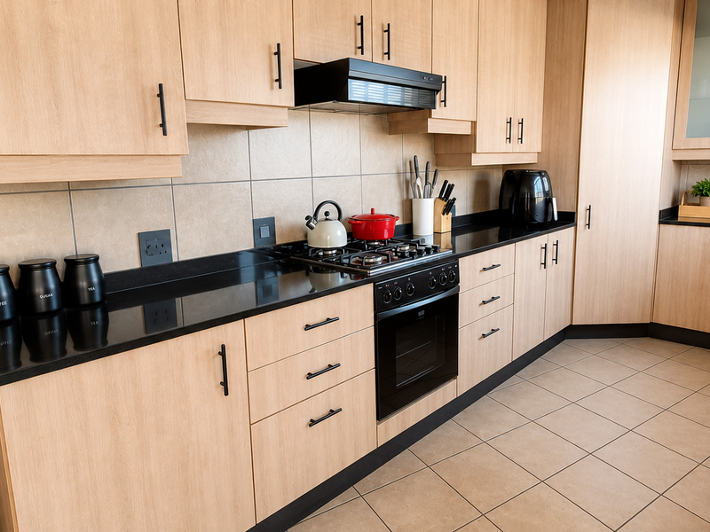 Modern kitchen featuring light wood cabinetry, black granite countertops, gas hob, built-in oven, and tiled backsplash with neutral floor tiles.