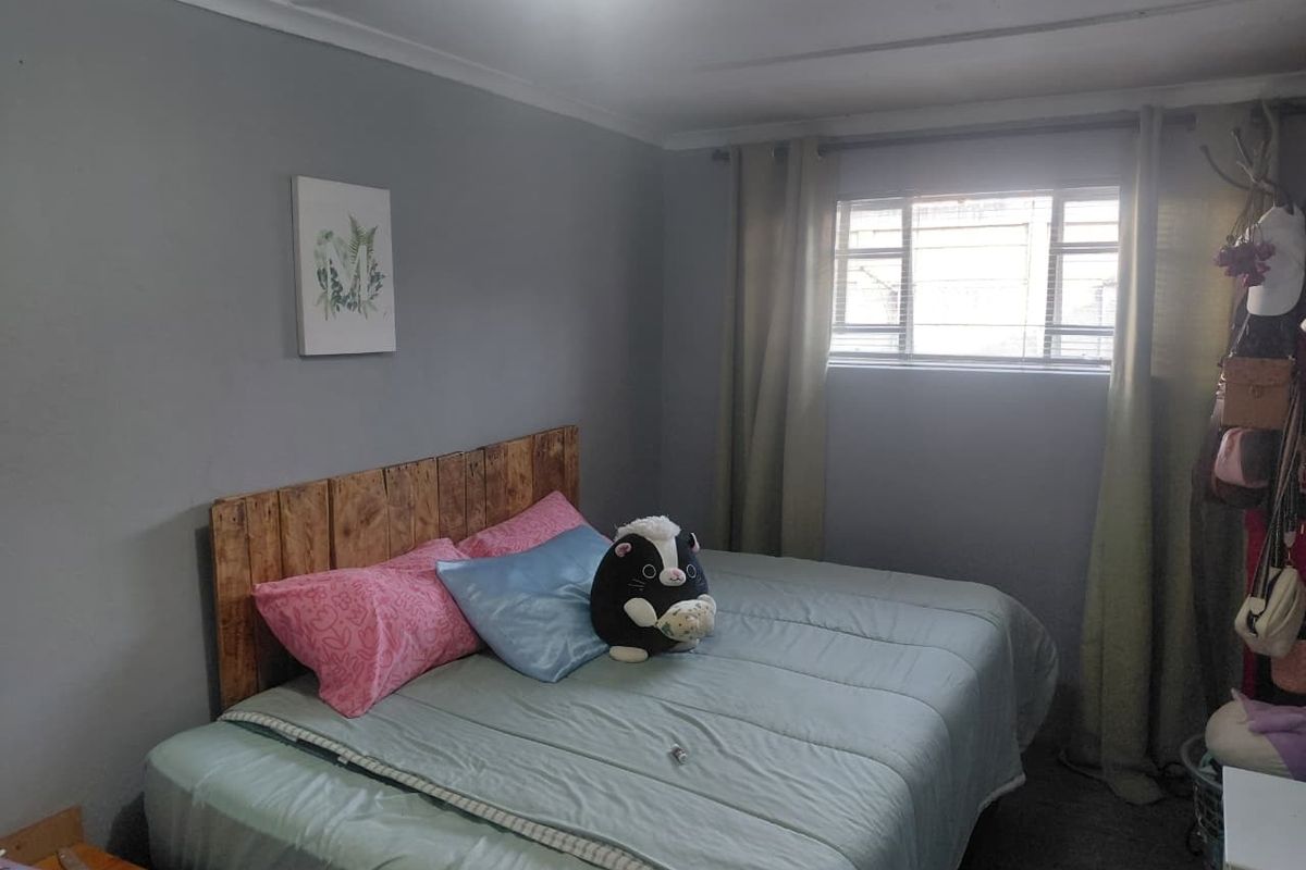 A standard bedroom featuring grey walls, a window with curtain rails, and coving detail.