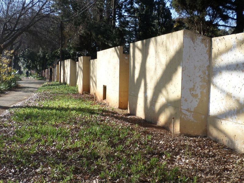 A view of the property boundary wall featuring a paved walkway and mature trees along the street frontage.