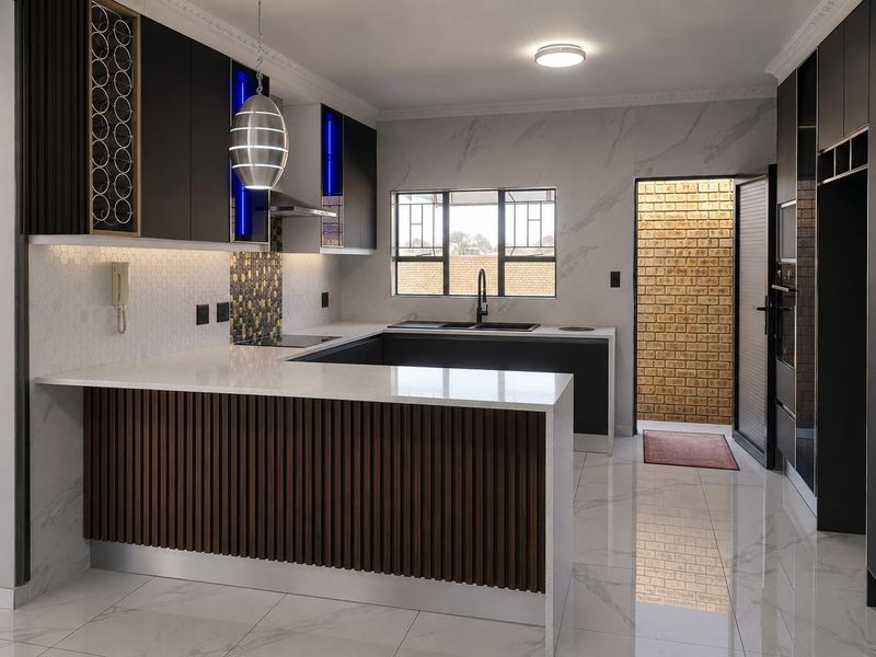 Modern kitchen featuring sleek dark cabinetry, quartz countertops, integrated wine storage, and high-end finishes with marble-look floor tiles.