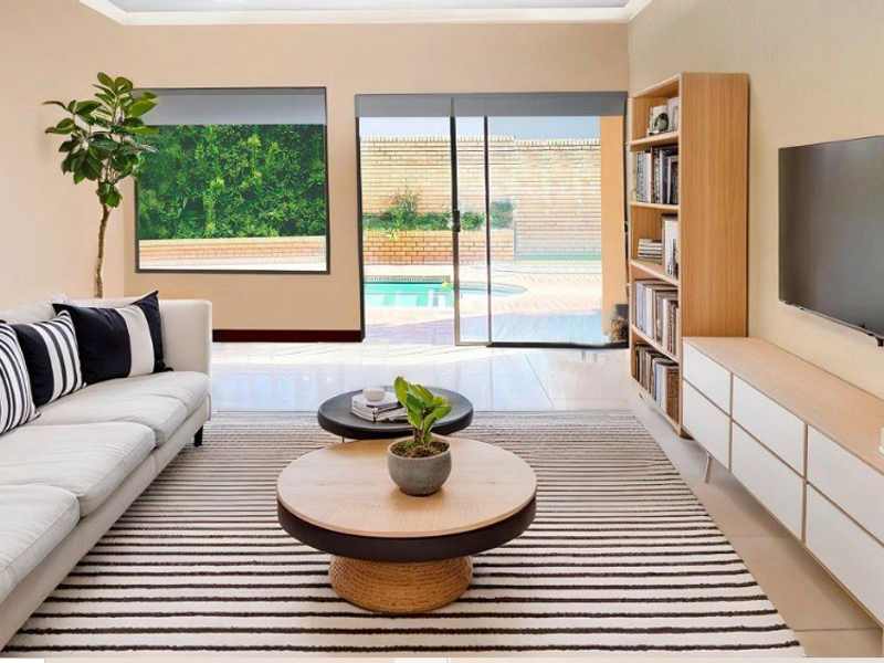 Bright living room featuring large sliding glass doors that open to a pool area, complemented by neutral tiled flooring and modern recessed lighting.