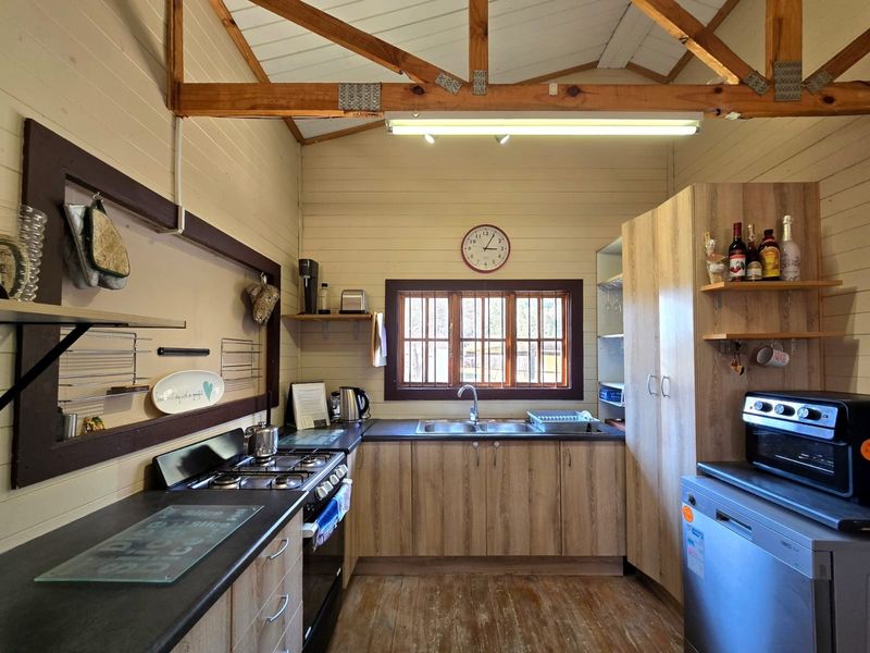 A functional kitchen featuring timber wall cladding, exposed roof trusses, laminate cabinetry, a gas stove, and a double basin sink with a window view.