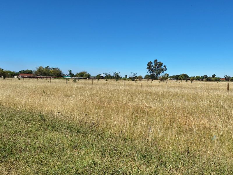 A wide, open vacant residential plot featuring natural grass cover and perimeter wire fencing under a clear blue sky.