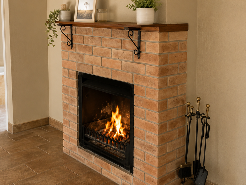 A cozy living room featuring a classic brick fireplace with a wooden mantel and durable tiled flooring.