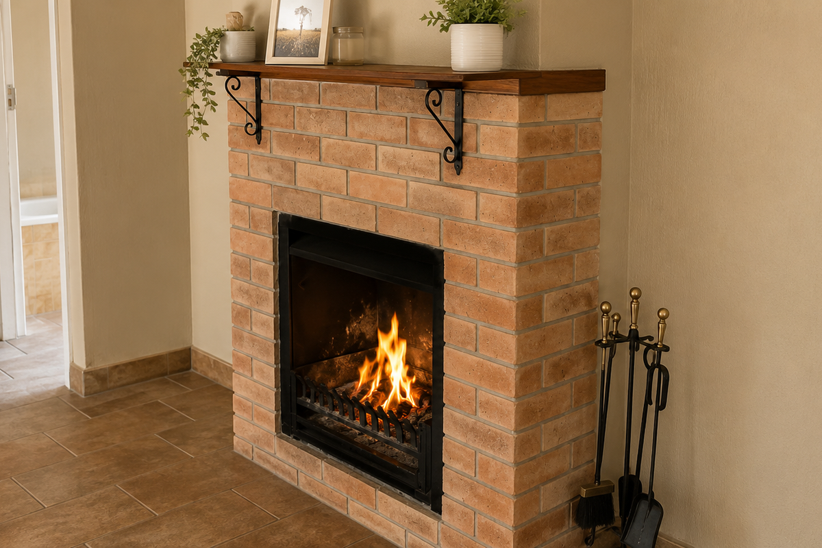 A cozy living room featuring a classic brick fireplace with a wooden mantel and durable tiled flooring.