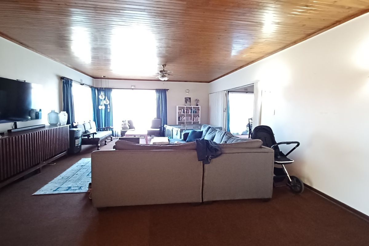 Spacious living room featuring a warm timber-clad ceiling, ceiling fan, and large sliding glass doors providing natural light and access to the outdoors.
