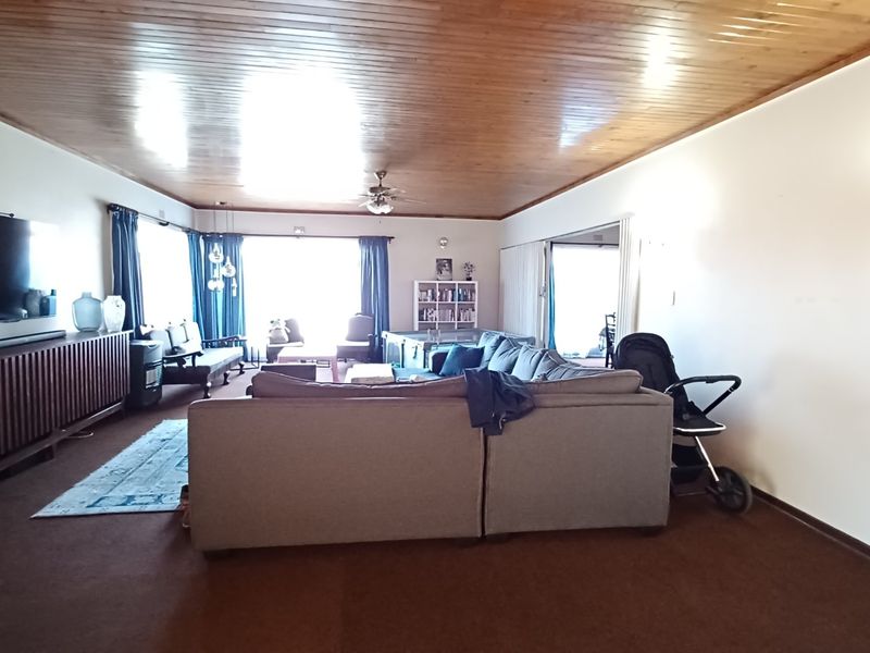 Spacious living room featuring a warm timber-clad ceiling, ceiling fan, and large sliding glass doors providing natural light and access to the outdoors.