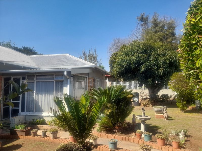 A view of the rear garden featuring a paved walkway, brick edging, and established landscaping adjacent to the house with a metal roof.