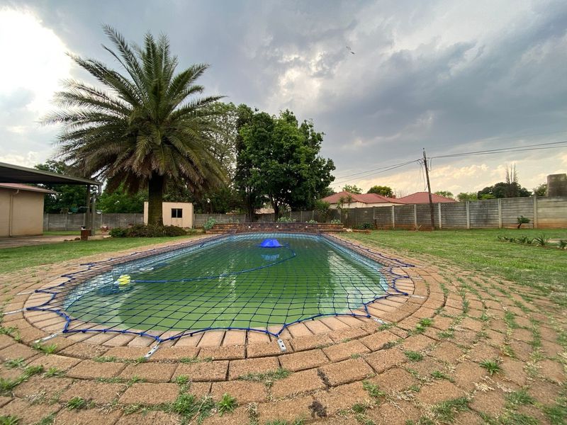 Outdoor swimming pool area featuring brick paving surround, safety net, and perimeter boundary wall in a spacious garden setting.