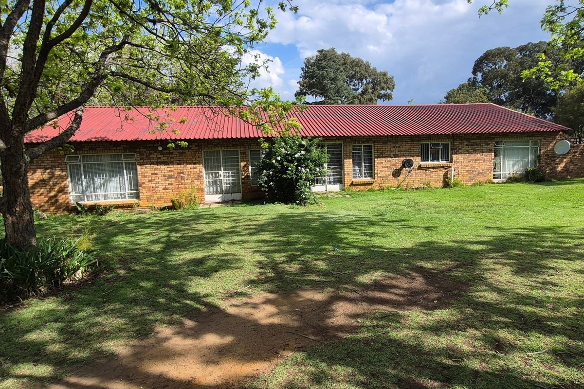 Rear view of a single-story face-brick home featuring a red corrugated metal roof and established garden surroundings.